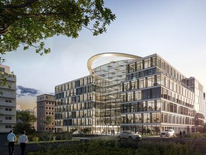 Visualisierung des heylo Bürogebäudes in Düsseldorf mit einem durch das Glas transparenten Blick ins Innere. Gebäudesanierung mit dem Ziel, CO2 Neutralität zu erreichen.