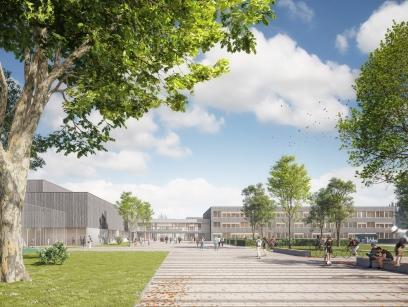 Visualisierung der Gesamtschule Essen-Altenessen, ein Nachhaltigkeits-Projekt von MorgenGrün. Campus mit Gesamtschule und Park.