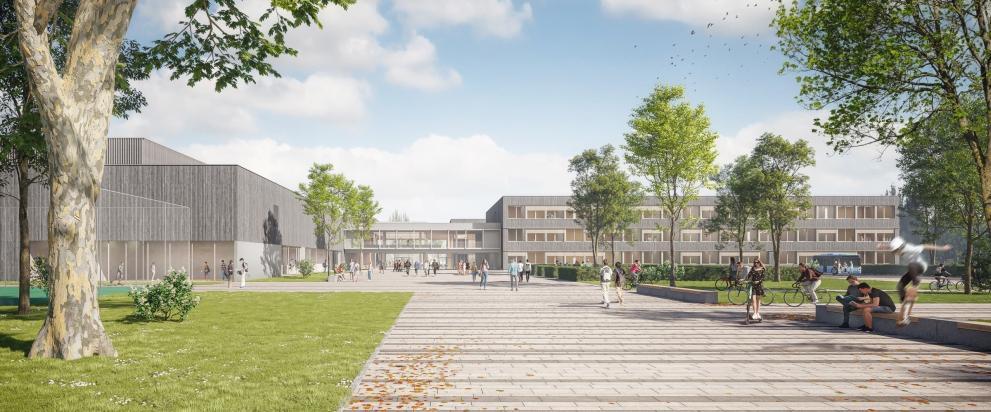 Visualisierung der Gesamtschule Essen-Altenessen, ein Nachhaltigkeits-Projekt von MorgenGrün. Campus mit Gesamtschule und Park.